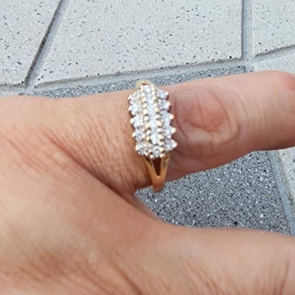 14K Fine Yellow Gold Diamond Cluster 3 Tier Open Work Accent Ring - Picture 11 of 14